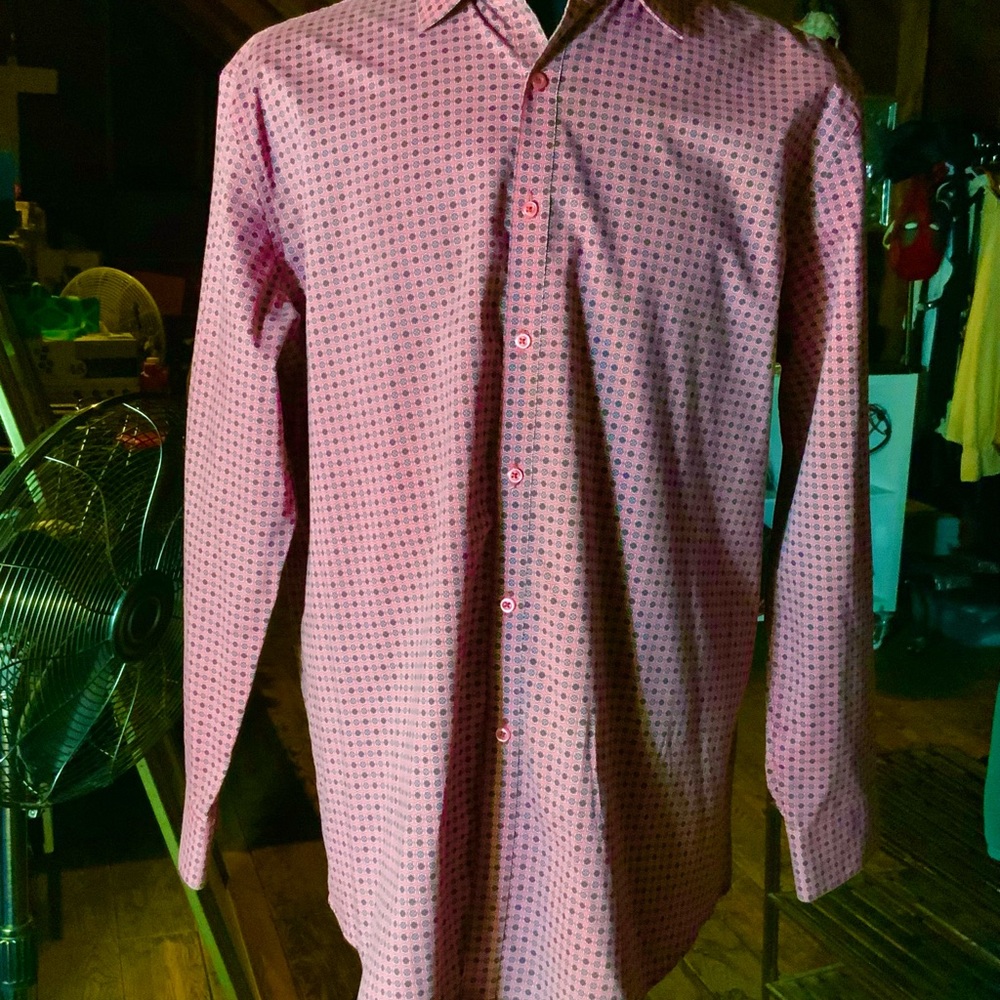 Adrienne Vittadini mens XL 17 salmon pink blue white patterned dress shirt